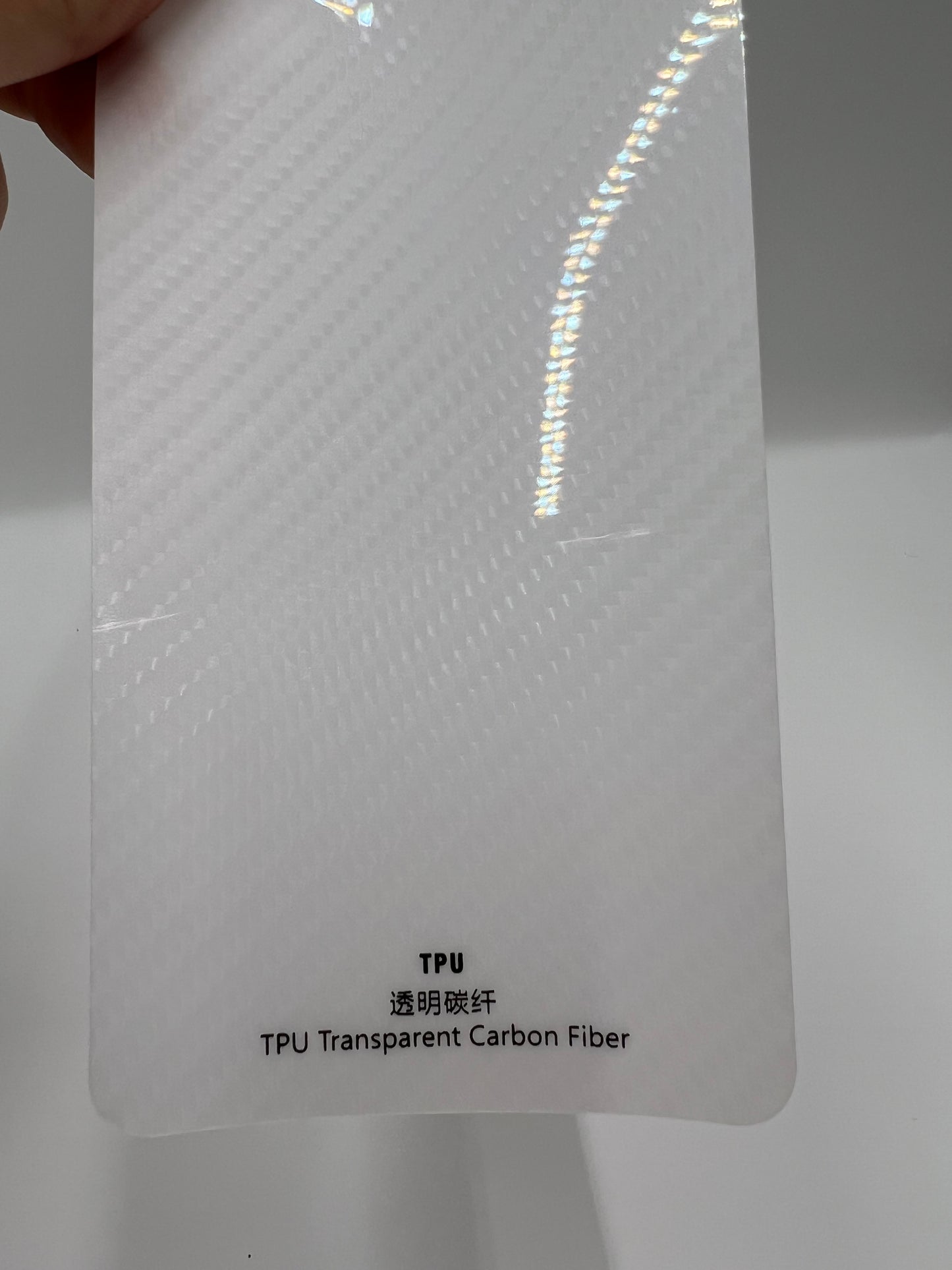 Close-up of clear TPU carbon fiber texture wrap film