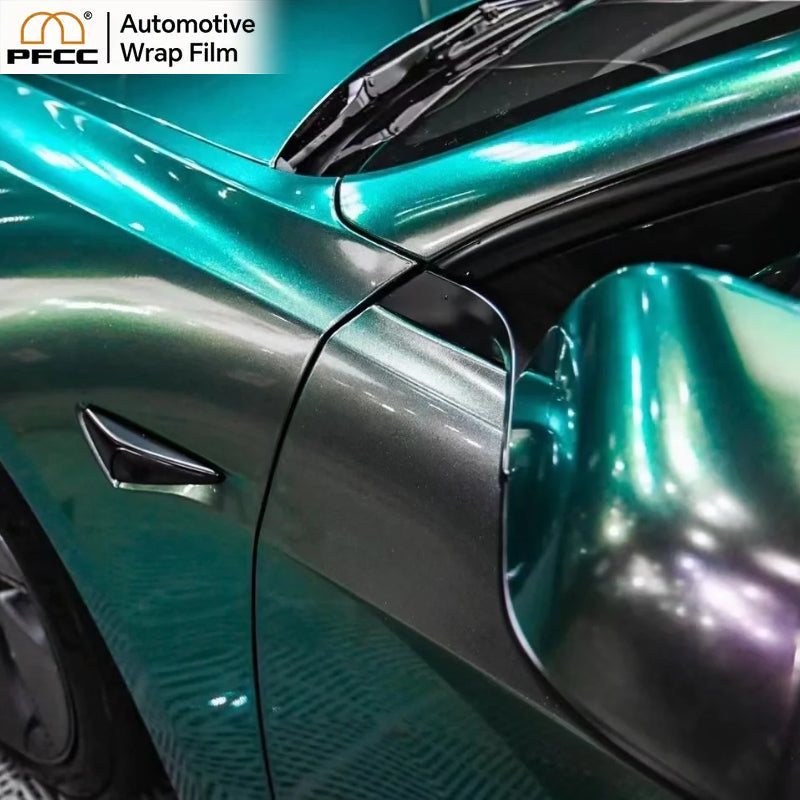 Sedan wrapped in TPU Cat’s Eye Green film under sunlight