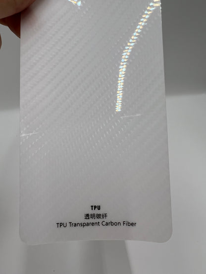 Close-up of clear TPU carbon fiber texture wrap film