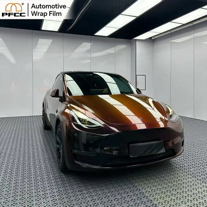 Iridescent TPU black red car film showing dual-tone color change under light