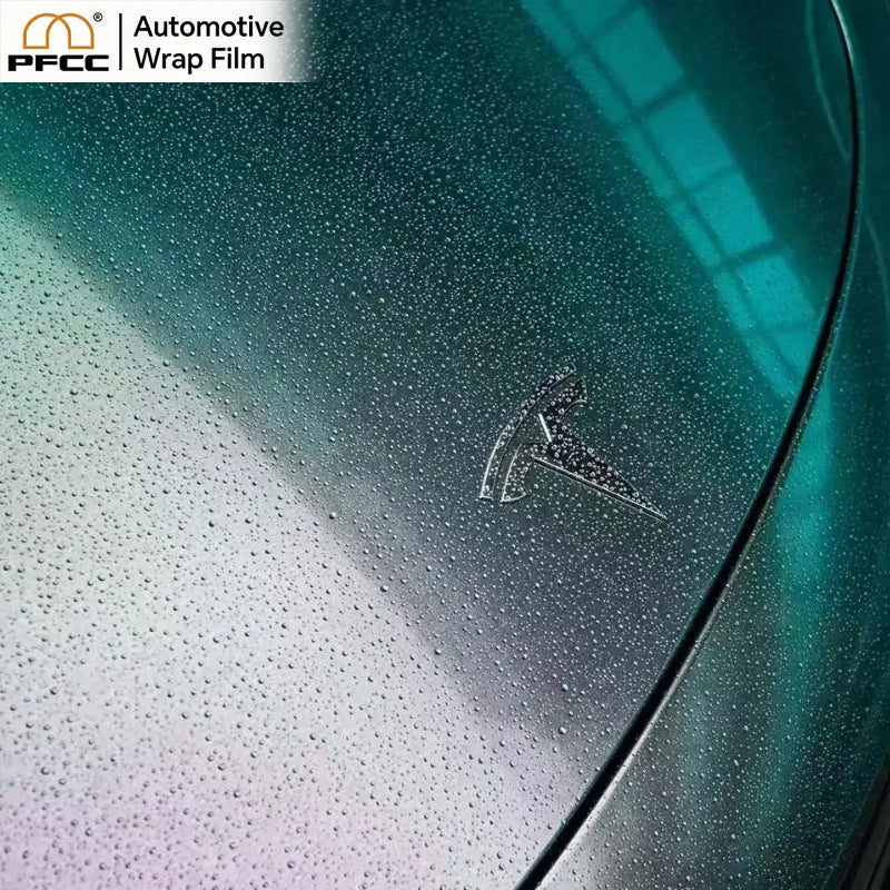 Full vehicle view of TPU Cat’s Eye Green wrap showing deep reflective gloss