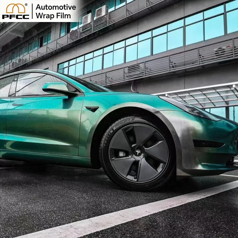 Color-shifting green car wrap film reflecting jade tones