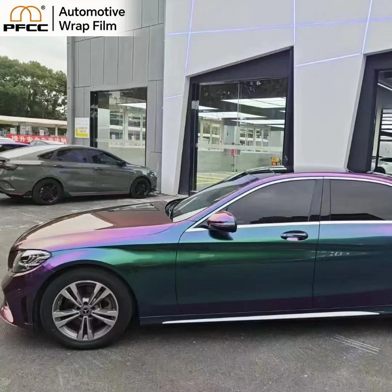 Sports car wrapped with TPU Grass Green Ruby Red color shift film