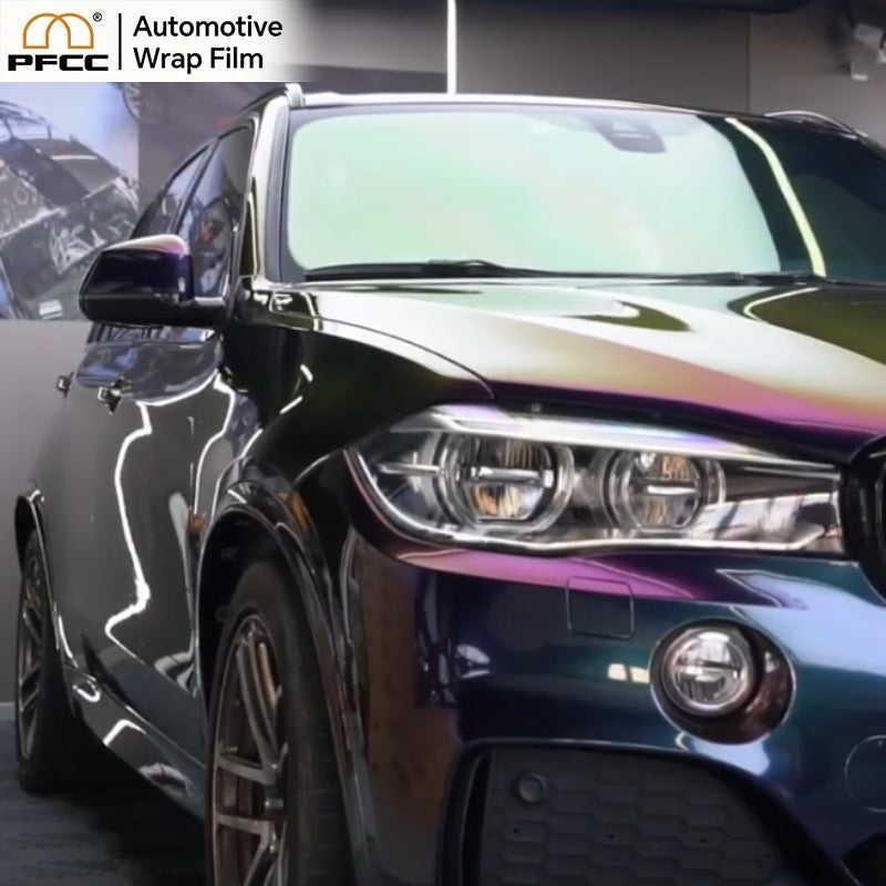 Close-up of holographic TPU car film showing gloss and cosmic shimmer