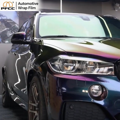 Close-up of holographic TPU car film showing gloss and cosmic shimmer