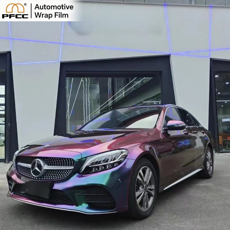 Close-up of TPU color shifting wrap showing mirror gloss finish