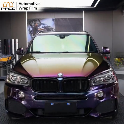 Sports car wrapped with TPU Galaxy Dream film reflecting purple blue and pink tones