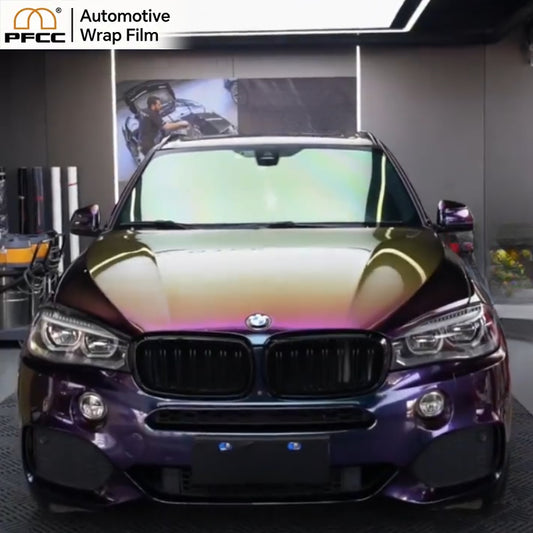 Sports car wrapped with TPU Galaxy Dream film reflecting purple blue and pink tones
