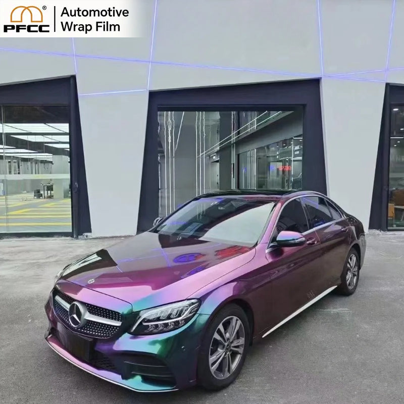 Self-healing TPU film displaying color shift from green to ruby tones