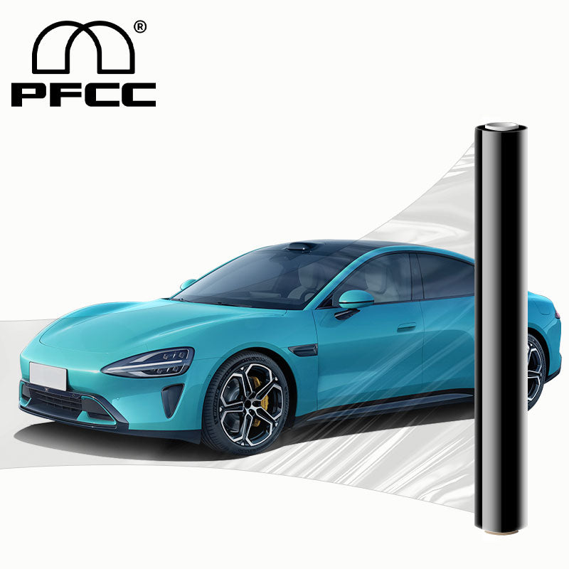 Self-healing gloss black car wrap on sports car hood