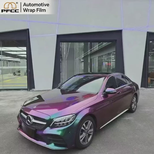 Glossy iridescent TPU car film changing from green to red with light